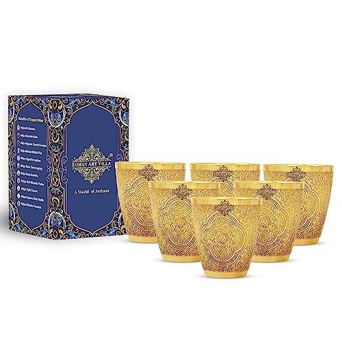 INDIAN ART VILLA Brass Glass Tumbler, Floral Engraved Design, 280 ML, Drinking and Serving Water, Yoga and Ayurveda, 6 Piece (B09K7S3L52) Amazon Price History, Amazon Price Tracker
