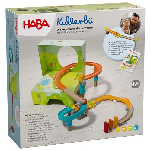 HABA Kullerbü Kugelbahn Klangtreppe Step by Step – Mitwachsendes Spielset ab 12 Monaten bis 4 Jahre – 47 Teile & Sound-Effekte – Kombinierbar mit Allen Kullerbü-Bahnen – 2013383001