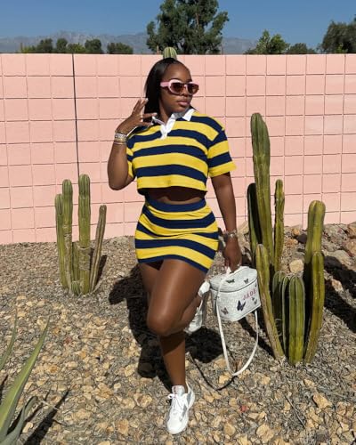 HBQ Women's Casual Two Piece Skirt Sets Polo Collar Crop Top Striped Mini Dress Summer Vacation-Stripe3