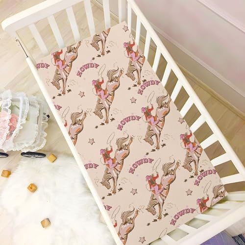 Image of Cowgirl Western Vintage Crib Sheets Soft Breathable Fitted Baby Crib Sheets Mattress Cover for Girl Boys, 52 inch x 28 inch x 9 inch