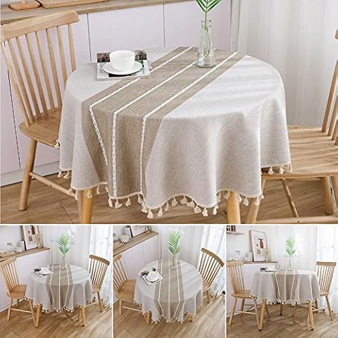 Stitching Tassel Table Cloth, Round Tablecloths 150 cm Width, Washable Cotton Linen Tablecloth Dust-Proof Table Cover Decorative for Home Party Kitchen Dining Room Tabletop Cover