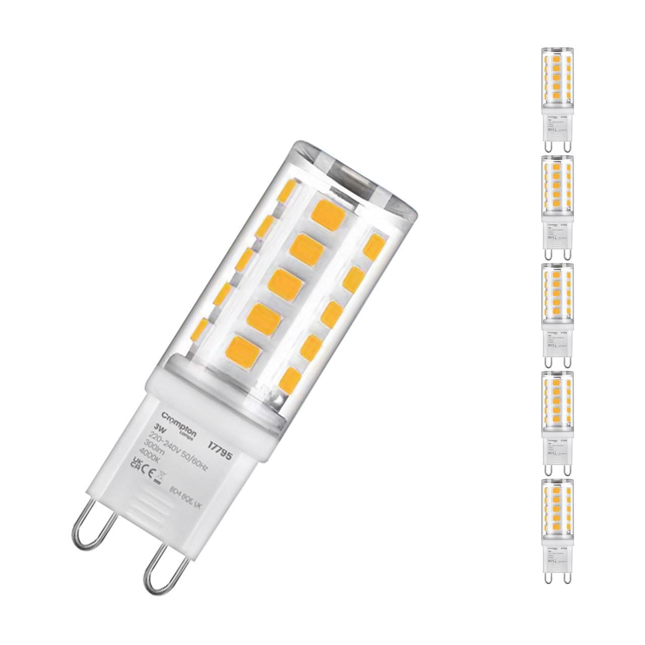 Crompton Lamps LED G9 Capsule Bulbs 3W | 5 Pack | 28W Halogen Replacement | Cool White 4000K | Energy-Saving LED Light Bulbs | Clear G9 Bulbs for Ceiling, Cabinet & Accent Lighting
