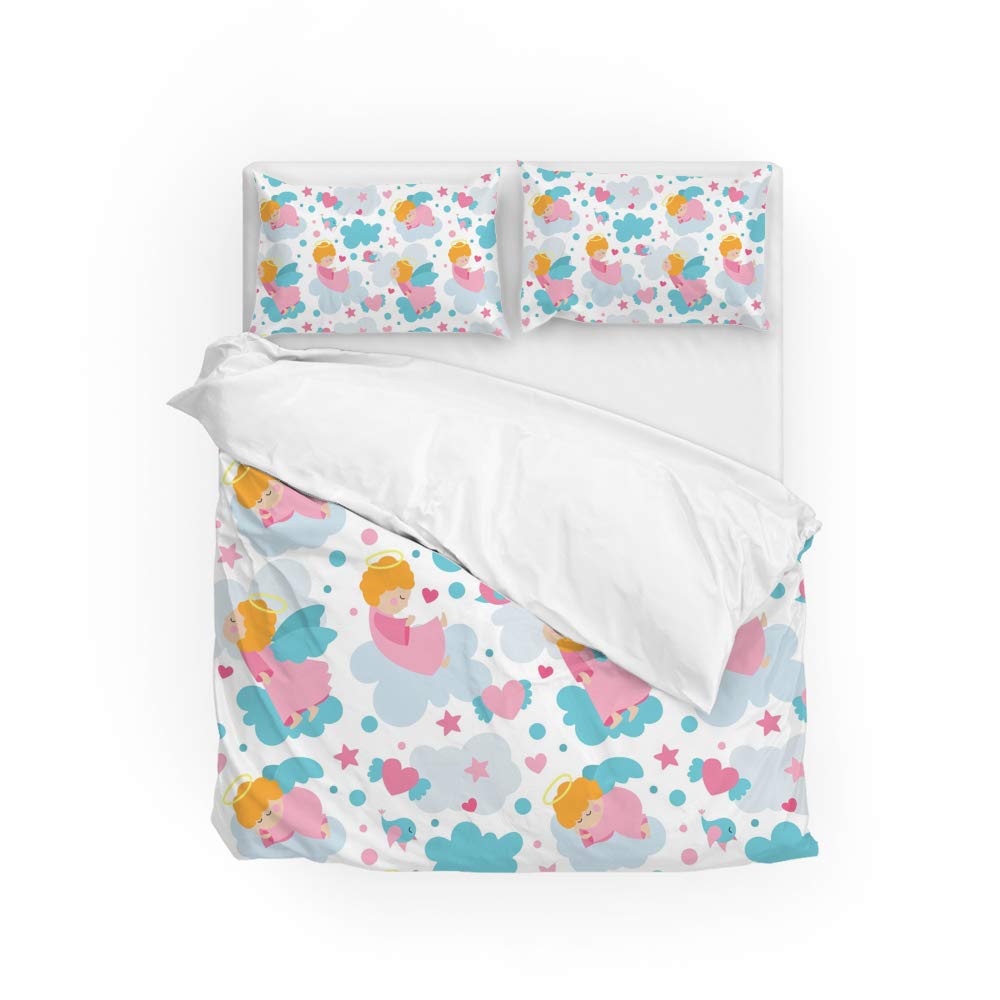 Housse de couette anges rose lit double en polyester durable avec taie d'oreiller