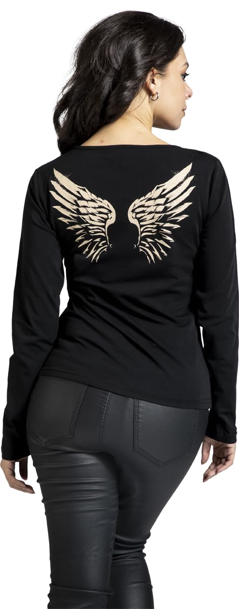 Rock Rebel by EMP Damen schwarzes Langarmshirt mit Front-/Backprint und offenem Ärmel