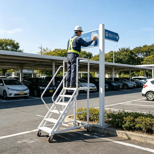 Image of 6-Step Rolling Warehouse Step Ladder, Lockable Wheels, Non-Slip Wide Steps, Dual Handrails, Movable Platform Ladder, Rolling Stairs for Warehouse, Supermarket, Library (White, 6 Steps)