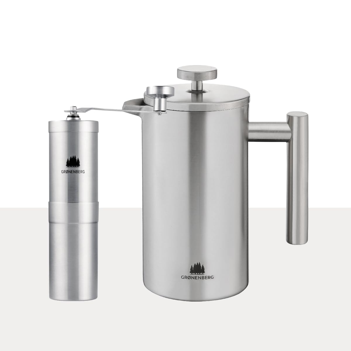 Groenenberg Pack ahorro 1 | Cafetera francesa 600ml + Molinillo de café manual | Prensa francesa (acero inox) con filtros de repuesto