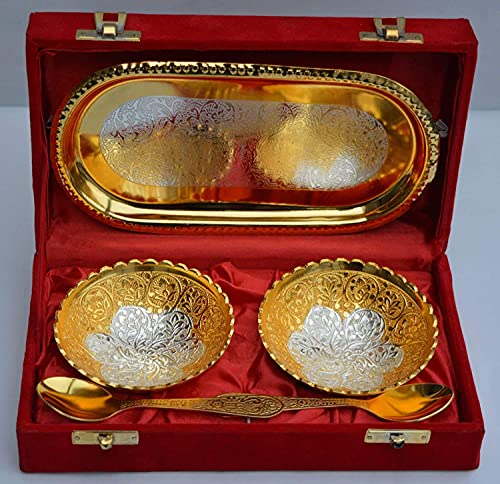 Image of Frizka | German Silver Round Bowl 5 Pieces Set with Gifts Box with Sauf Mishri Mouth freshner