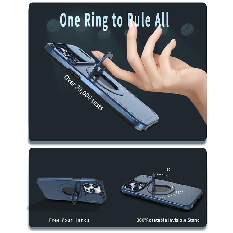 Image of LuxuryKase MagSafe Shockproof Rugged Back Case for iPhone 15 Pro | Finger Ring Kickstand & Sliding Camera Cover | Military Drop Protection | Wireless Charging Support - Blue