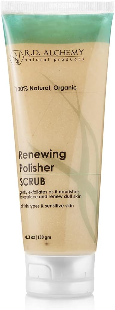 RD Alchemy - 100% Natural & Organic Renewing Polisher Face Scrub for Brightened Skin Complexion. Brightening Facial Scrub Gently Exfoliates using Jojoba Beads, AHAs, Rice Bran, & more