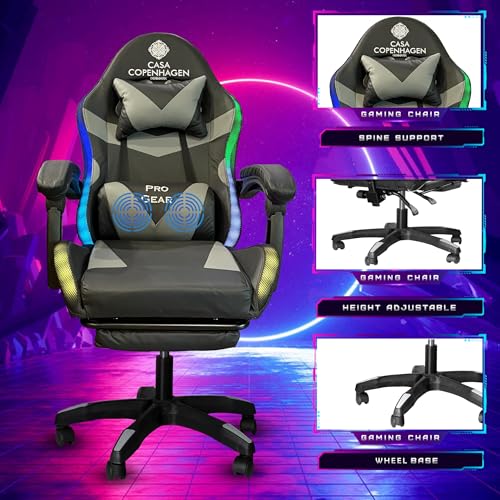 Image of Casa Copenhagen Designed in Denmark,High-Back Italian Leather Gaming Ergonomic Chair with Advanced Mechanism with LED Light & Electric Back Massager, Memory Foam Seating - Grey & Black