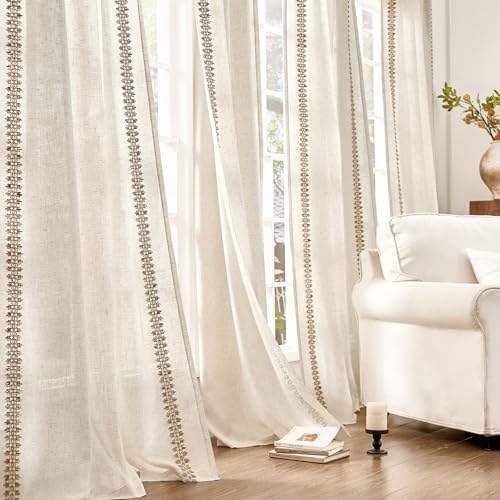 Image of jinchan Beige Linen Curtains with Woven Trim Back Tab 50 x 84 Inch 2 Panels