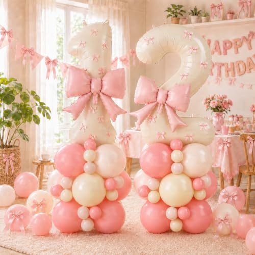 Image of 40 Inch Pink Beige Number 2 Balloon Tower with Bow 2nd Birthday Decorations