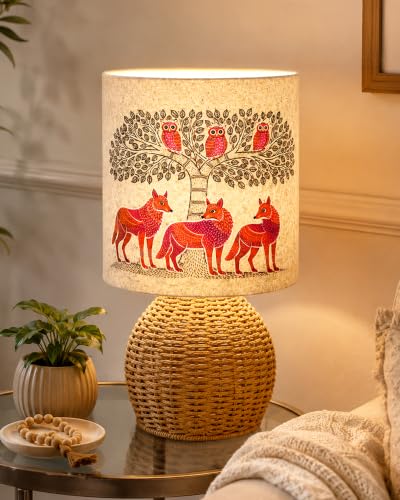 Image of Homesake Handwoven Rattan Table Lamp with Fabric Shade | Boho Bedside Lamp for Bedroom | Decorative Cane Lamp for Living Room | Warm Ambient Lighting | Raffia Round Home Decor, Gond Art Shade