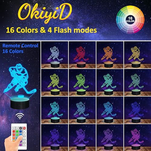 Image of OkiyiD Hockey Gifts for Boy, 3D Illusion Lamp, 3D Hockey Night Light with 16 Colors Remote and Touch Control, Ice Hockey Decor for Kids Room, Boys Girls Birthday Gifts, FS-2810-9999