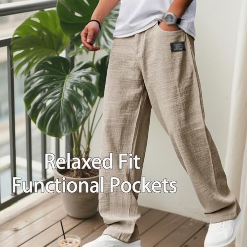 Mokaloha Pants, Mens Casual Pants Hemp Fabric, Mokaloha Mens Pant, Drawstring Trousers for Men Embroidered Logo2