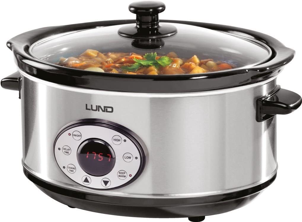 Langsamgar 280W 4,5L mit Timer, Elektrischer Slow Cooker, Digitales Kontrollfeld, Warmhaltefunktion, Schüssel abnehmbar, Rostfreier Stahl, Vielseitiges Schmoren und Garen