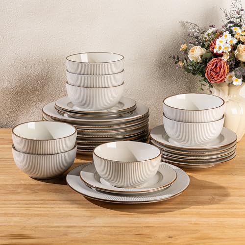 Image of GBHOME Ceramic Dinnerware Sets, 36 pcs Embossed Elegant Stoneware Plates and Bowls Sets, Housewarming Wedding Gift | Dishwasher & Microwave Safe | Dishes Set Service for 12
