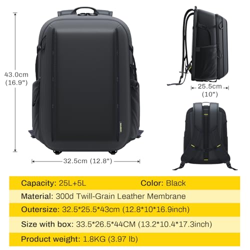 Raleno 25 L+5 L Zaino Per Fotocamera, Custodia Rigida Impermeabile Con 5L Scomparto Frontale Espandibile Per Fotocamera Dslr Slr Mirrorless, Compatibile Con Drone Dji Mavic / 16 Laptop/Treppiede - 8