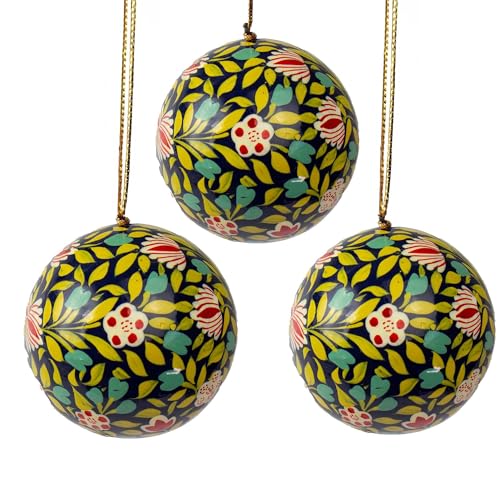 Global Crafts Handmade Green & Burnt Red Floral Paper Mâché Christmas Ornaments, Set of 3 – Fair Trade Hand Painted Recycled Paper Décor
