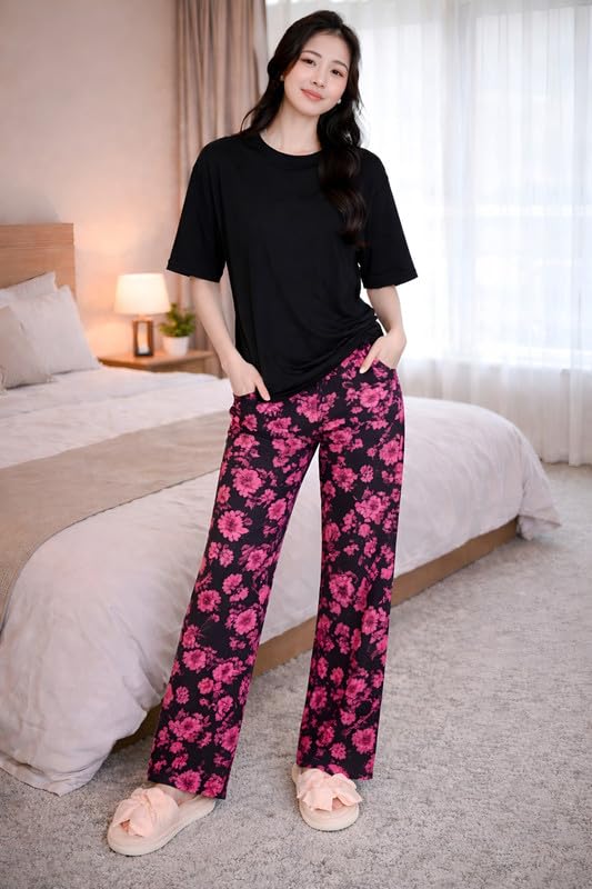 Image of KSHS Printed Round Neck Short Sleeve Nightsuit Set | Pajama Set | Casual Night Dress for Women