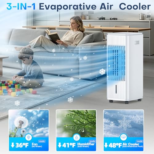 Image of Windowless Portable Air Conditioner w /Dual Tanks for 24H Cooling, 28ft Remote & Smart Timer, 120 Oscillation Evaporative Air Cooler, 3-Modes&3-Speeds Swamp Cooler Air Conditioner for Bedroom
