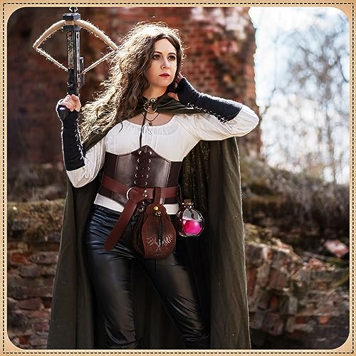 Suhine 4 Pcs Halloween Renaissance Accessories Medieval Leather Costume Set Viking Belt Drawstring Pouch Elastic Waist Potion Bottle With Cork Stopper And Harness Brown Knight Leather Belt For Cosplay thumb #5