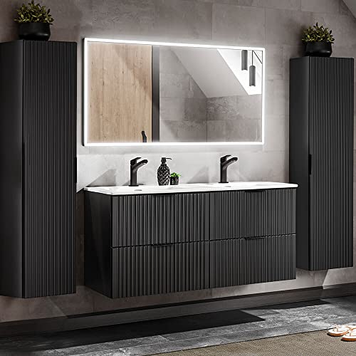 Lomadox Badezimmermöbel Badmöbel Komplett Set, matt schwarz Rillenoptik, 120cm Waschtisch mit Unterschrank, Keramik Waschbecken, LED-Spiegel, 2 Hochschränke, B/H/T 170/200/46 cm