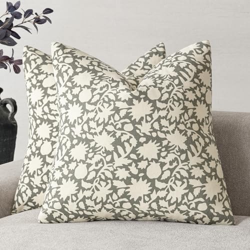Image of Foindtower Set of 2 Decorative Neutral Floral Throw Pillow Covers Accent Farmhouse Cushion Covers Boho Vintage Pillowcase for Couch Sofa Bedroom Living Room Home Decor,22x22 Inch,Sage Green