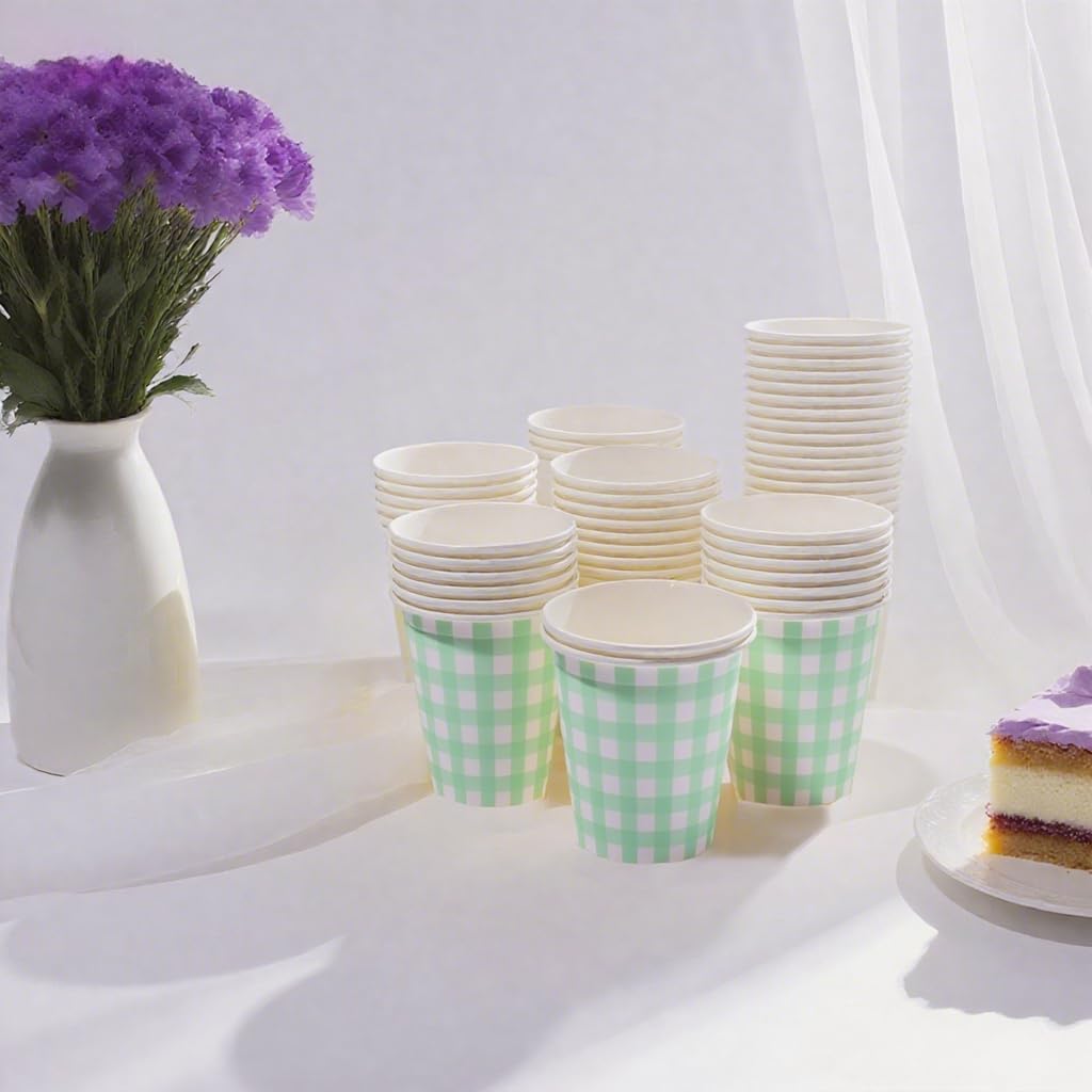 Sage Green Gingham Party Paper Drinking Cups, 100 Pack 9 oz Checkered Cups Disposable Plaid Party Supplies Decorations, for Picnic Birthday Baby Shower Wedding(Green) - Image 3