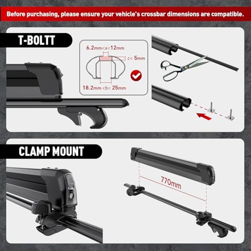 Ski & Snowboard Rack for Car Roof, 27.5'' Loading Width Fits 6 Pairs of Skis or 4 Snowboards, Aluminum Roof Rack with Lock & Rubber Padding