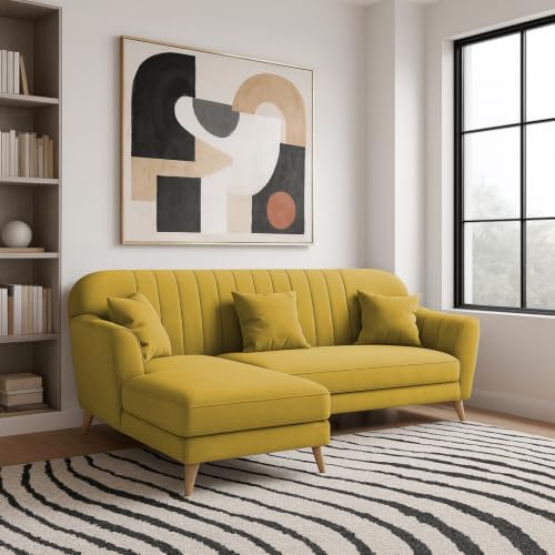 Image of Atticus LHS 4 Seater L Shape Sofa Set with Ottoman for Living Room (Yellow Fabric) Premium Fabric Sofa Set