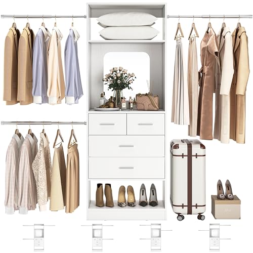 Unikito 48-96 Walk-In Closet Organizer Kit with Tower, Hanging Rods, Drawers, and Mirror - White, Max Load 1000 lbs