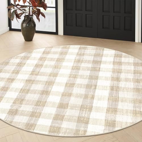 Image of Checkered Area Rug, 5 Ft, Round, Beige | Washable, Non Slip, Modern Neutral, For Living Room Bedroom Office Patio Dining Room