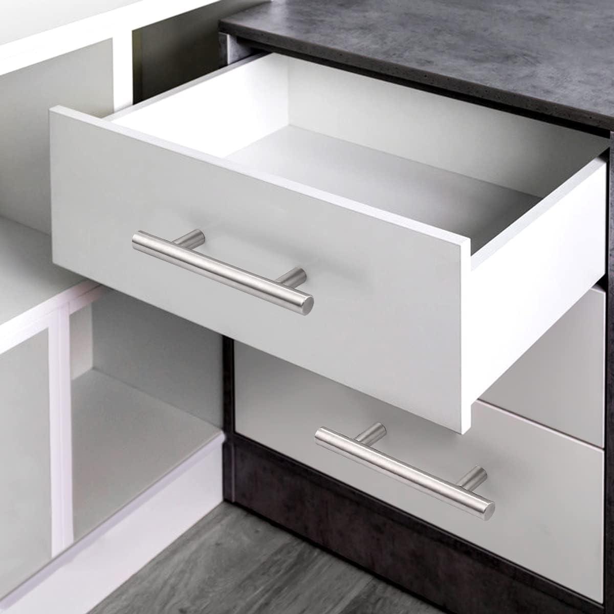 probrico (30 pack 3 inch hole centers kitchen cabinet handles euro t bar cabinet pulls stainless steel kitchen drawer handles brushed nickel furniture dresser cabinet hardware, 5 inch total length hole center 3" brushed nickel 30