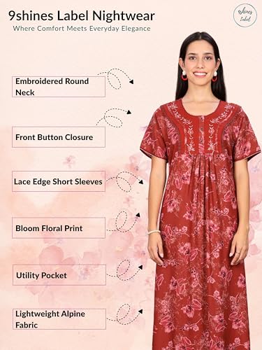 Image of 9shines Label Stylish Alpine Nighty Maxi for Women | Full Length Trendy Nightgown | Premium Nightdress | Nightwear | Embroidery Nighty with Pockets (2892)