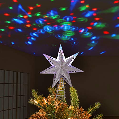 Juegoal Lighted Christmas Tree Topper, With Built-In Rotating Magic Ball Led Treetop Projector, 3D Glitter Silver Christmas Tree Star, Holiday Christmas Tree, Winter Home Wonderland Decorations #TOP13