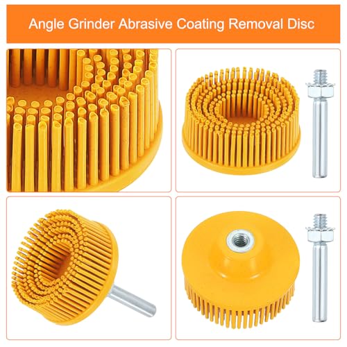 Image of HARFINGTON Bristle Disc 2 inch 80 Grit R-Type Abrasive Brush Coarse Bristle Disc Deburring Electric Disc Brush Attachment with 1 /4 inch Round Shank Abrasive Coating Removal Disc for Metal, Yellow
