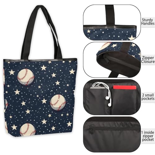 Stars Baseball Canvas Tote Bag Portable Shopping Bags Reusable Shoulder Tote Bag with Zipper for Travel Shopping Campaign Gym4