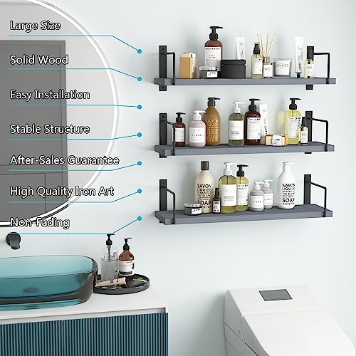 Image of Floating Shelves, 24 Inches Easy to Install Wall Mounted Shelves, Set of 3, Rustic Wood Shelves for Wall Decor, Storage Shelves for Living Room (Grey)