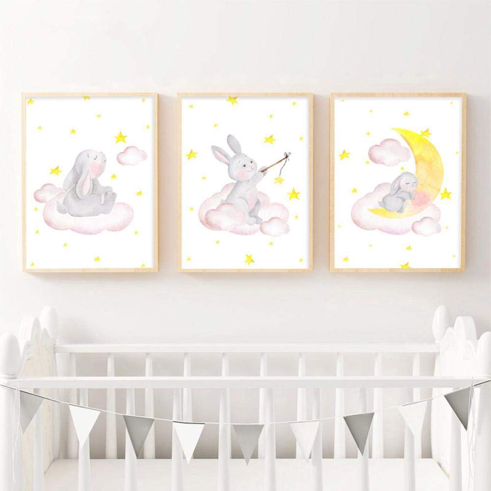 Enfants Affiche Animal Lapin Lune pépinière Mur Art Toile Impression Peinture Photo Nordique Enfant bébé Chambre décoration 20x30 cm (8x12in) x3 Cadre
