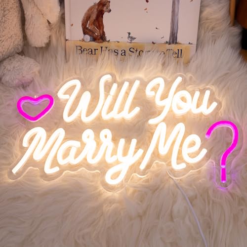 Image of Will You Marry Me Sign,USB Powered Marry Me Light Up Letters with Dimmer and Sticky Hook, Wall Decor Neon LED Signs for Marriage Proposal Valentine's Day Decorations15.75 x 9.45 inch