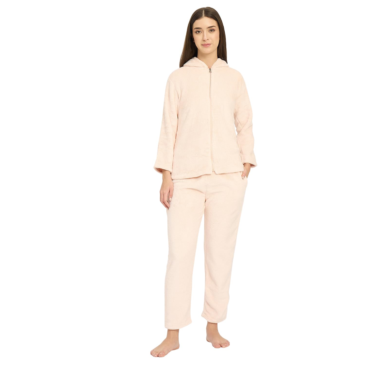 camey Women's Jacquard Loungewear Nightsuit Set, Hooded Zip-Up Jacket with Pockets and Ankle-Length Pants-picture-23