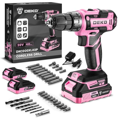 Power Drill Cordless: DEKOPRO 20V Cordless Drill Set with LED Light, 30Pc Electric Drill Accessories, Pink Drills with 2 Batteries and Charger Drills Driver Kit for Wood, Metal and Screws