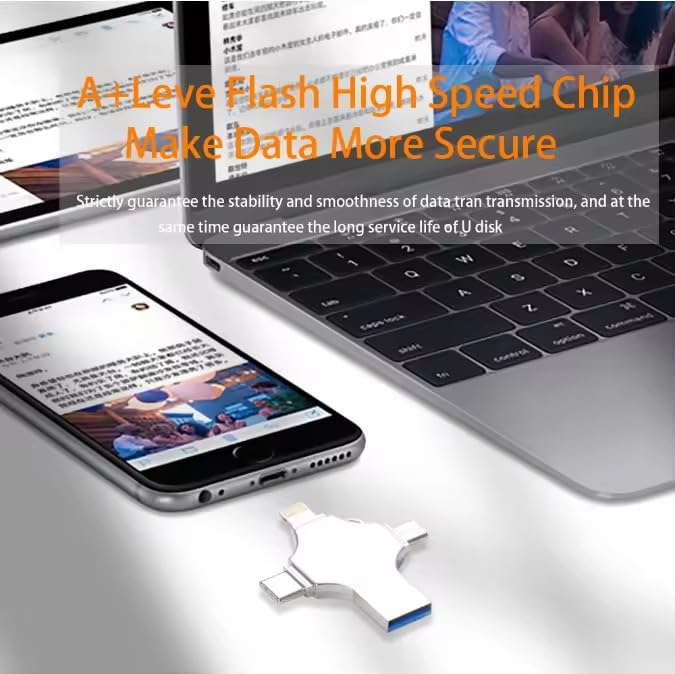 Image of 1TB 4-in-1 USB Flash Drive, Silver, Compatible with iPhone, USB-C, Micro USB and USB 3.0