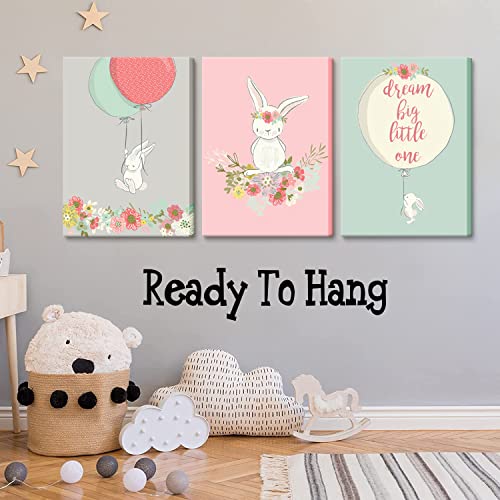 Cartoon Rabbit Wall Art Framed Canvas Prints For Kids Baby Nursery Bedroom Decor Cute Bunny Poster Painting Picture Ready To Hang Gift 16"X24"3Pcs #TOP1