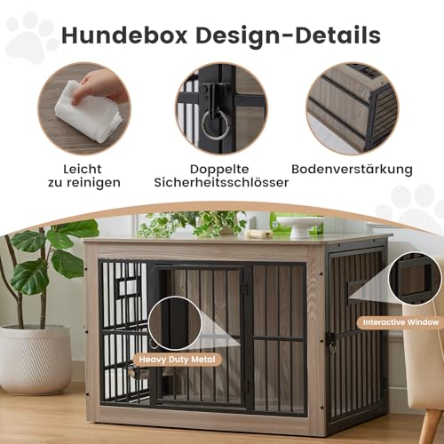Gardner Pet Hundekäfig Möbel, 99cm Hundebox für Zuhause, Moderne Hundehütte Indoor mit 3 Türen und verstellbaren Näpfen, Hundehaus aus Metall und Holz für mittlere Hunde, 99x65x69 cm, Grau
