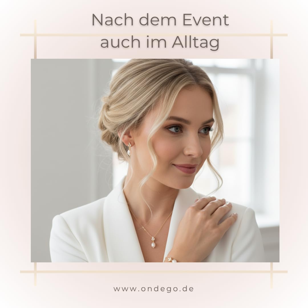 GOLD 3er PERLEN Set Zirkonia Strass Schmuck Kette Schmuckset Armband Kommunion Ball Abiball Hochzeit Brautschmuck
