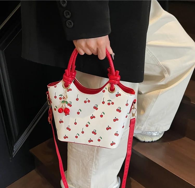 Image of Cherry Leather Tote Bag - Cute Y2K Shoulder Purse for Women, Red Designer Handbag with Top Handle, Fruit Print Clutch Satchel