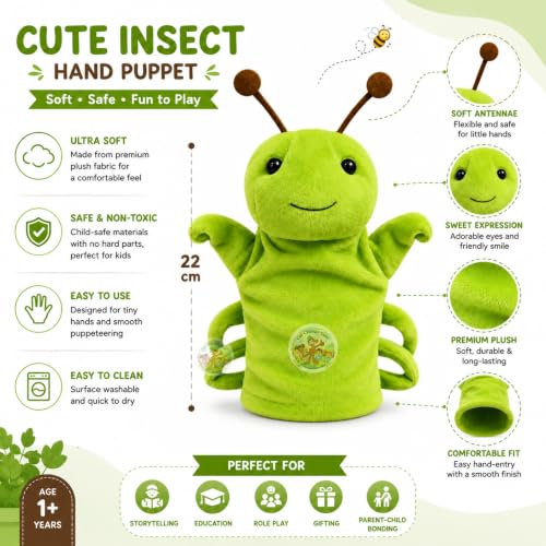 Image of Grasshopper Hand Puppet for Kids | Soft Plush Animal Puppet | Storytelling, Role Play, Preschool Learning Toy | Interactive Educational Puppet for Boys & Girls