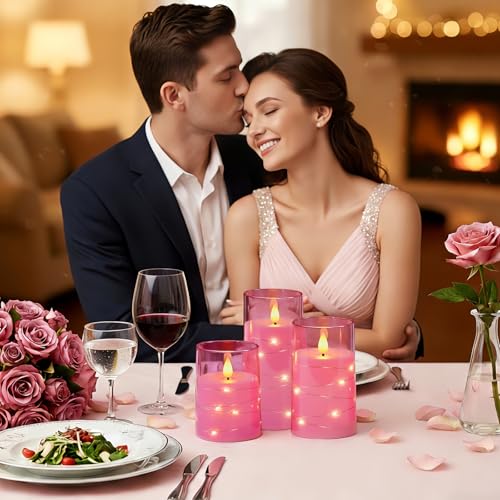 Image of Homemory Flickering Flameless Candles, Pink LED Pillar Candles with Remote | Acrylic Battery Operated Timer Candles with Embedded Star String Lights for Dating, Christmas & Indoor Holiday Home Decor
